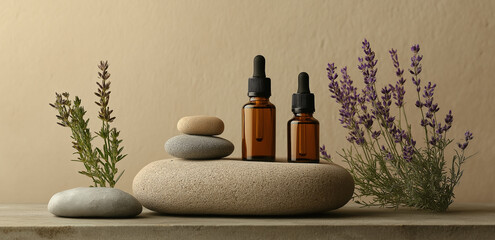 Against a light background, essential oil bottles, stacked stones and herbal plants create a natural - healing wellness atmosphere