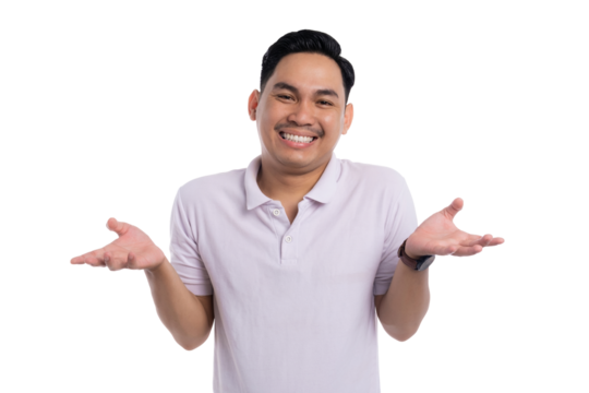 Confused young Asian man shrugging shoulders and smiling uncertainly isolated on transparent background