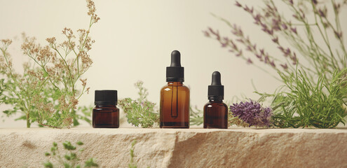 On a light - background tabletop, several essential oil bottles pair with various green plants, creating a natural healing atmosphere