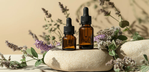 Against a light background, essential oil bottles rest on stones, paired with flowers and plants, creating a natural - healing warm atmosphere