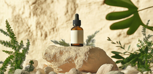 On a light beige background, an essential oil bottle sits on a stone, paired with green plants, creating a natural - healing minimalist atmosphere