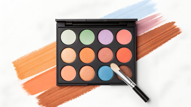 Colorful eyeshadow palette with brush and swatches on white background top view