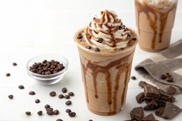 A cup of coffee with whipped cream and chocolate chips on top
