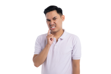 Young Asian man touching cheek with pain expression suffering from toothache isolated on transparent background