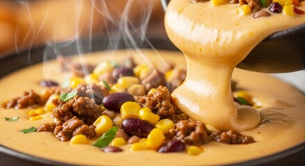 Creamy Spicy Cheese Dip with Corn and Meat - Indulge in this steaming hot cheese dip, a perfect blend of creamy cheese, savory meat, and sweet corn. Enjoy the rich texture, spicy kick