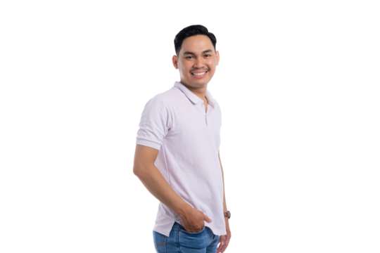 Smiling young Asian man in casual outfit standing with hand in pocket looking at camera isolated on transparent background