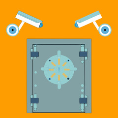 Security cameras watching a vault door on orange background