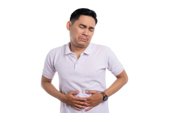 Asian man suffering from stomach pain while holding belly with uncomfortable expression isolated on transparent background