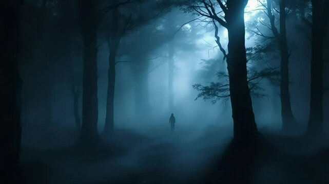 Mysterious figure walking through a misty dark forest in dramatic moody lighting