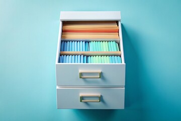 A white filing cabinet with two drawers and blue and yellow folders