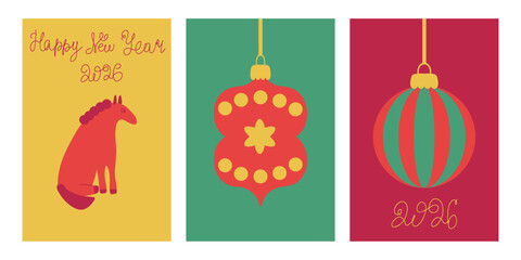Happy 2026 New Year of Horse greeting cards set. Hand drawn vector illustration for posters, party invitation, banner, social media, marketing.