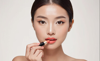 Asian woman applying coral lipstick, showcasing her natural beauty and elegant makeup style. Captured in a simple studio environment, emphasizing skincare routine. Image made using Generative AI.