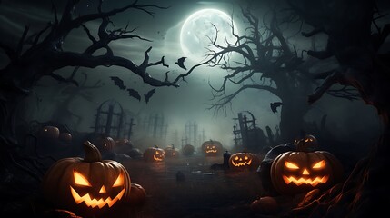 Halloween pumpkins graveyard spooky night full moon bats trees scary october holiday season decoration