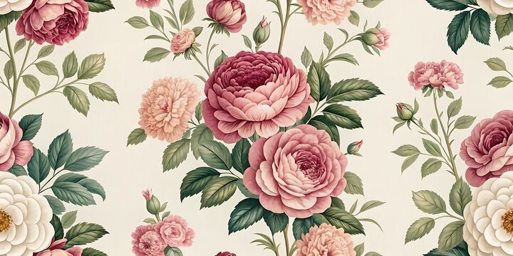 Romantic Floral Pattern with Pink and Cream Roses