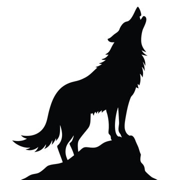 Howling wolf silhouette on rocky peak vector design