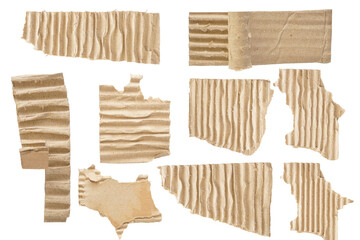 Set collection of brown torn pieces of corrugated cardboard paper isolated on transparent background for copy space text