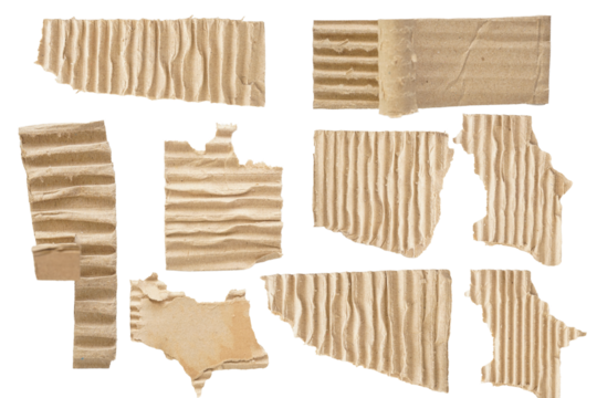 Set collection of brown torn pieces of corrugated cardboard paper isolated on transparent background for copy space text