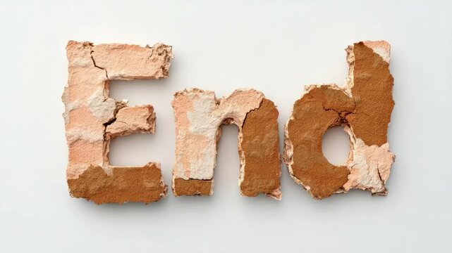 "End" Brick Word: The word "End" is artfully crafted from rough, earthy bricks, symbolizing closure and finality in a textural display against a smooth background.