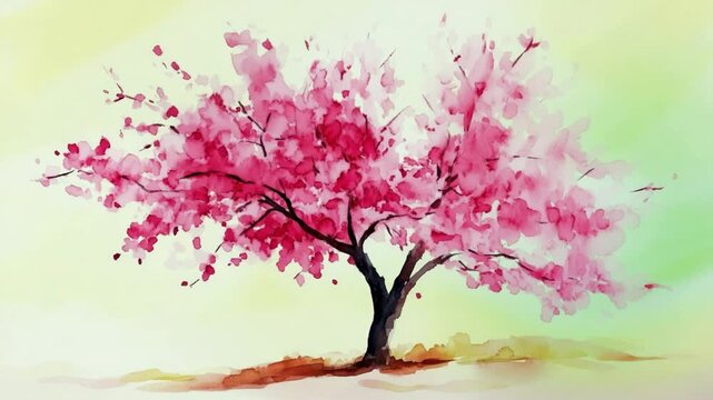 Beautiful pink cherry blossom tree branches with delicate flowers and leaves illustrate the essence of spring nature