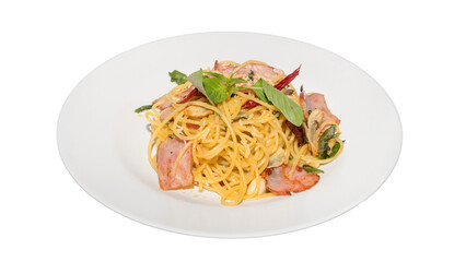 Spaghetti Aglio e Olio with Bacon and Basil on White Plate
