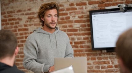 A man presenting a project in a modern office setting with an engaged audience.