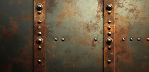 Rusted metal plate with regularly distributed rivets, showing retro industrial texture, suitable for machinery and decoration design scenarios.