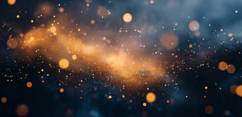 On a dark background, golden light spots and bands interweave, like a dreamy nebula, creating a romantic and mysterious atmosphere, suitable for creative design scenarios.