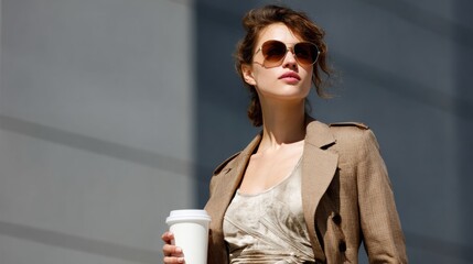 A stylish woman sips coffee outdoors, showcasing modern fashion and vibrant city life.