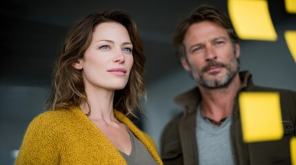 A thoughtful couple engages in conversation at a modern urban setting.