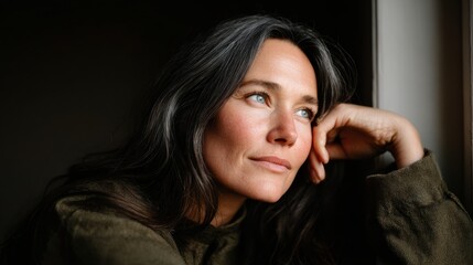 A thoughtful woman gazes out of a window, reflecting on life and emotions.