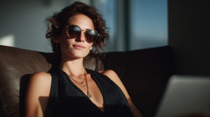 A woman enjoying a relaxed moment indoors, exuding confidence and style in sunglasses.