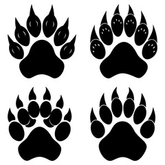 Illustration of four black bear paw prints with claws on a white background in a square format © Love
