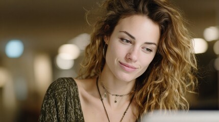 A young woman reflects thoughtfully while using a laptop in a cozy environment.