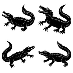 Four silhouette illustrations of alligators in various poses on a white background design element