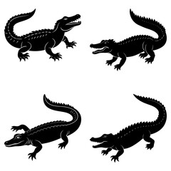 Four black alligator silhouettes in various poses with detailed scales and curved tails on white background
