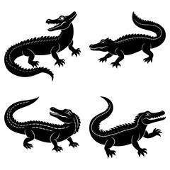 Four stylized black crocodiles in various poses with detailed scales and sharp teeth on white background
