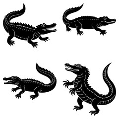 Four black silhouette illustrations of crocodiles in various poses on a white background design art