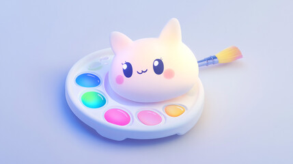Cute Illuminated Cat-Themed Palette With Vibrant Colors and Paintbrush. Adorable glowing cat-shaped lighting accessory on a multi-colored artist palette background, inspiring creativity.