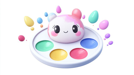 Chibi Kawaii Paint Palette Character with Colorful Colors.  charming and cheerful chibi-style character with pastel tones sits atop a round artist’s palette containing vibrant paint colors: green, yel