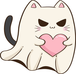 A cute halloween ghost cat holding pink heart