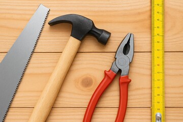 Essential Hand Tools Including Hammer, Pliers, Saw, and Measuring Tape on Wooden Background for Crafting and DIY Projects