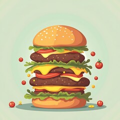 Juicy Double Cheeseburger with Flying Tomatoes