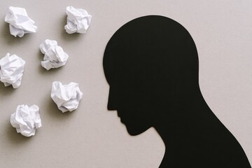 Silhouette of a Human Figure with Crumpled Paper Balls on a Beige Background Representing Ideas, Creativity, and Mental Blocks in Artistic Design