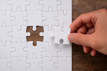 Hand Inserting Last Piece of White Puzzle on Wooden Surface, Concept of Completion, Problem-Solving, and Finding Solutions in Life and Business Affairs