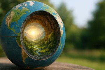 Enchanted Landscape Within Earth Sphere Showcasing Nature's Beauty and Serenity with Glowing Sun, Vivid Forests, and Majestic Mountains