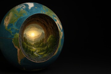 Artistic Representation of Earth with Inner Landscape Featuring a Serene Forest, Mountains, and Sunrise View in a Stunning 3D Sphere Design