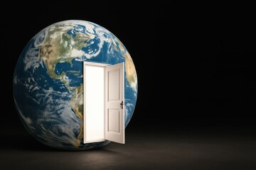 Open Door to the World: Concept of Opportunities and New Beginnings with Globe and Door Symbolizing Exploration and Possibilities in Dark Background