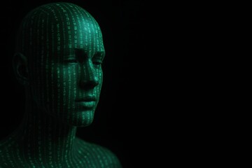 Abstract Representation of Digital Identity with Green Code Projection on a Human-Like Figure Against a Dark Background