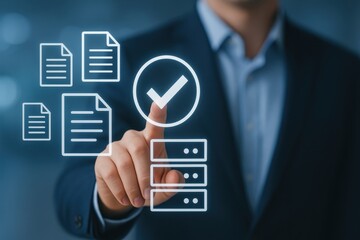 Business Professional Using Digital Technology to Manage Documents with Checkmark and Server Graphics in Modern Office Setting