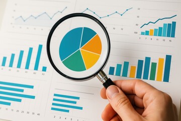 Detailed Business Analysis with Charts and Graphs Featuring a Magnifying Glass to Highlight Data Insights and Growth Trends in Reporting and Evaluation
